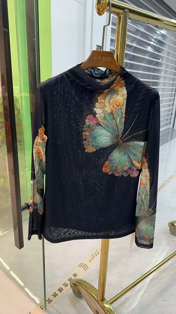 圆领打底衫高领蝴蝶常规长袖纱网打底衫网红拼接常规款T恤ins国风