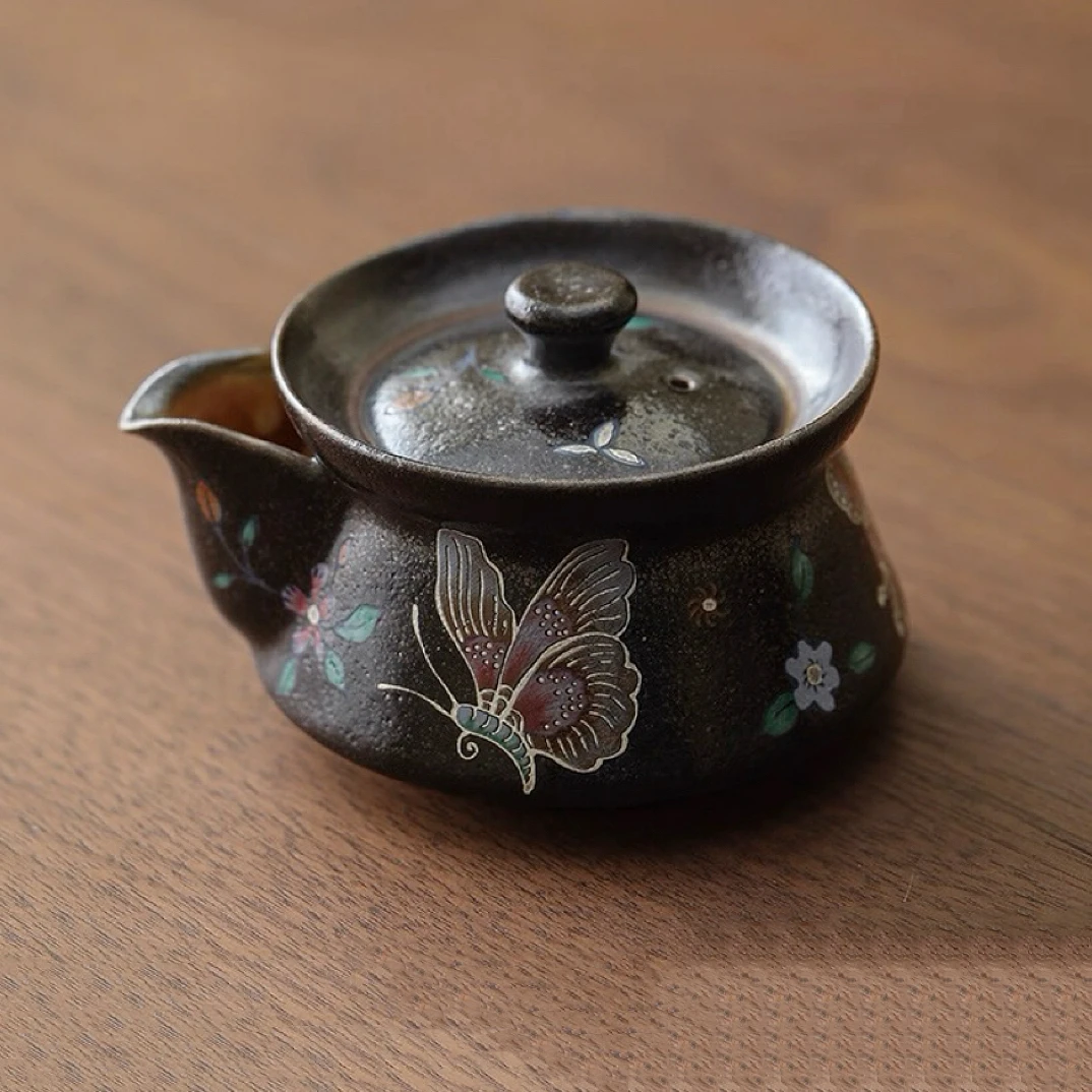 柴烧黑金覆古陶瓷蝴蝶手抓壶功夫茶具泡茶壶陶瓷宝瓶家用功夫茶具