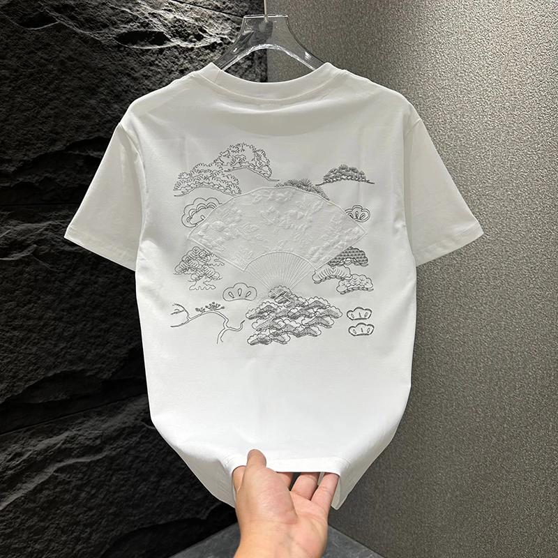 重磅潮流时尚刺绣浮雕高档半袖青年体恤衫个性百搭透气圆领男短袖