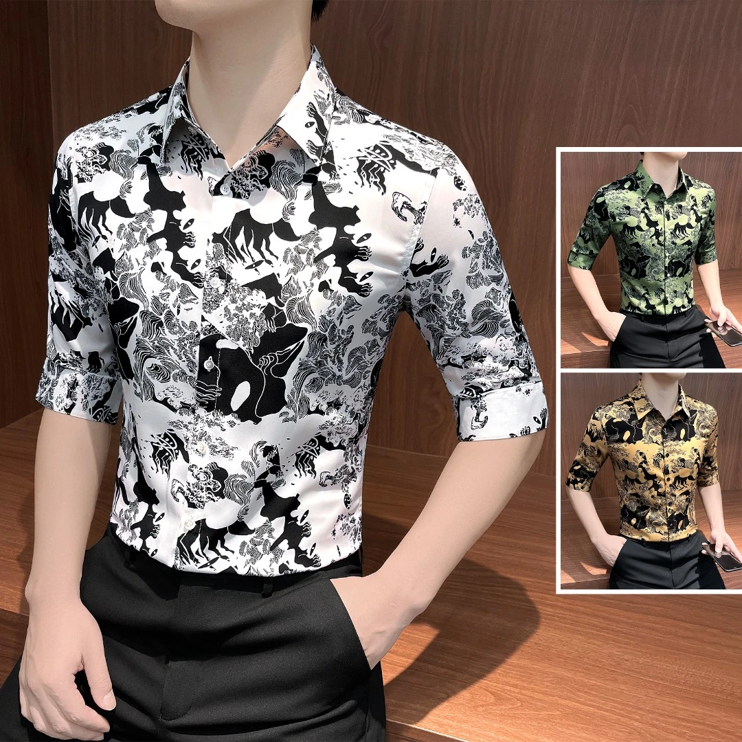 七分袖印花衬衫男款短袖秋季薄款冰丝男装痞帅高级感男士休闲衬衣