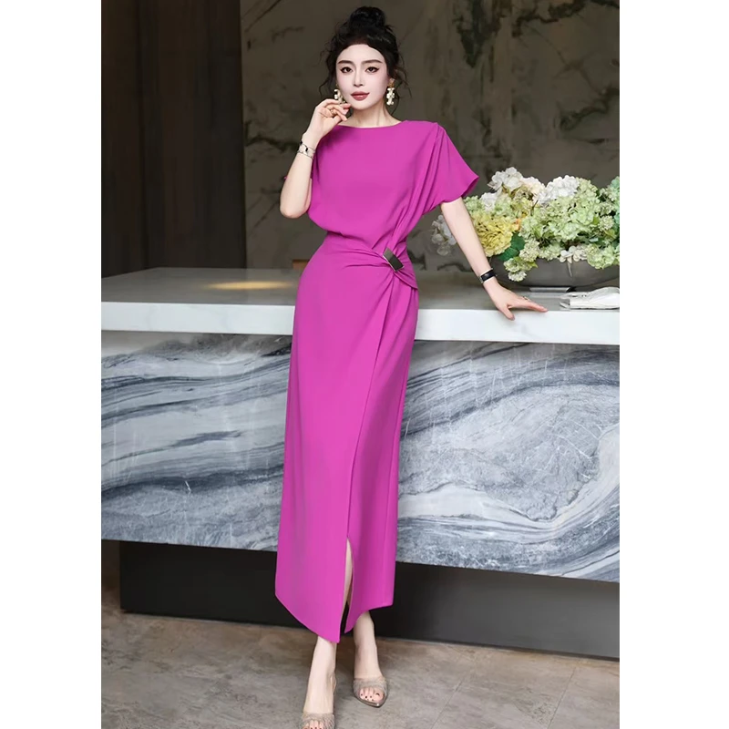 2025夏季新款短袖优雅修身显瘦蝙蝠袖气质开叉轻熟风长裙连衣裙女