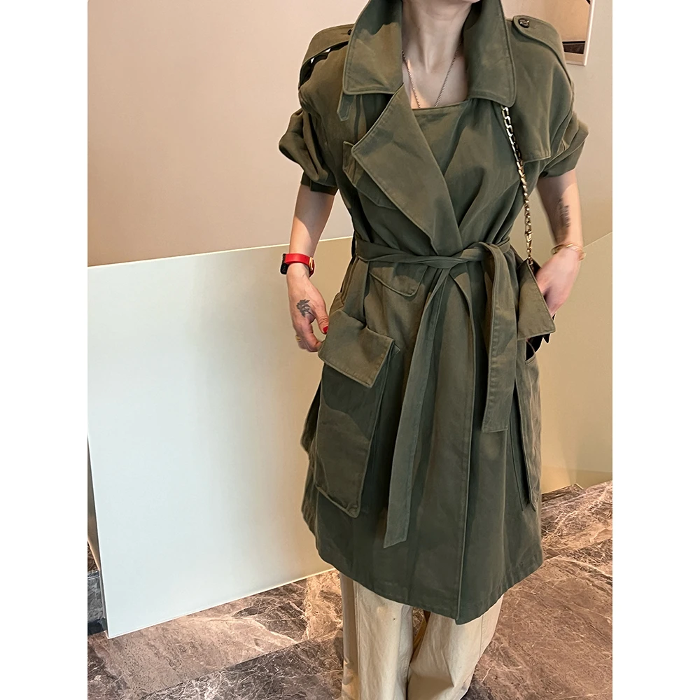 SHIIEELL高智军绿高密棉中长款大口袋风衣外套Z4559