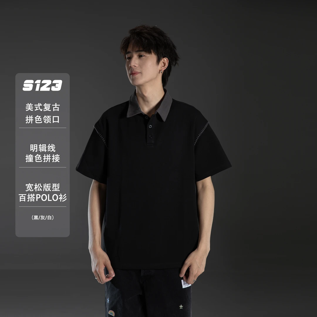 聪明陈小众设计解构明辑线撞色拼接POLO衫短袖T恤男宽松休闲半袖