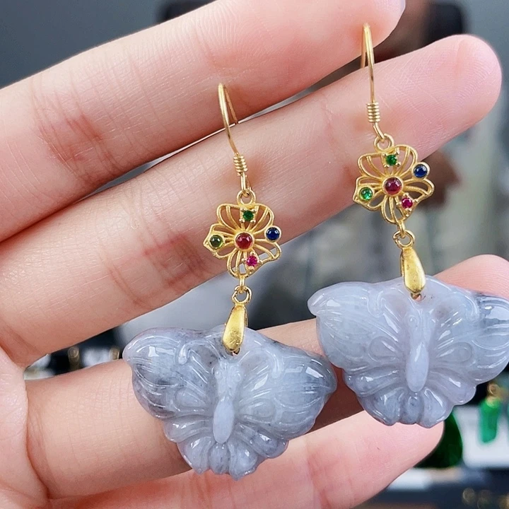 翡翠耳饰银S925镶嵌饰品