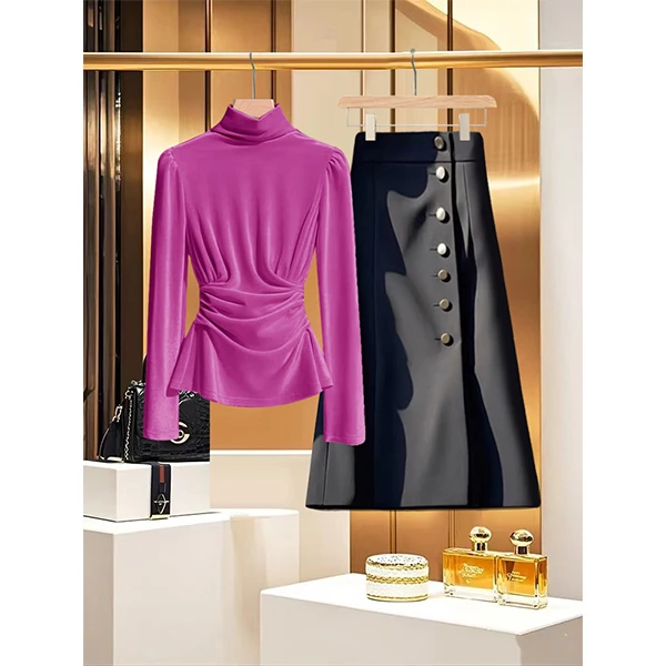 2025春季新款法式穿搭一整套轻奢玫红色收腰显瘦衬衫半身裙套装