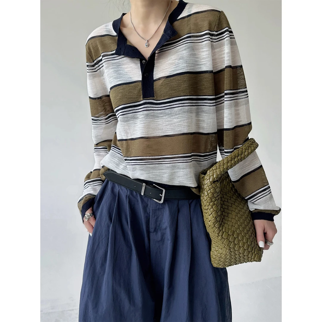 韩版老钱风撞色条纹针织防晒t恤罩衫女夏季微透宽松亨利领上衣