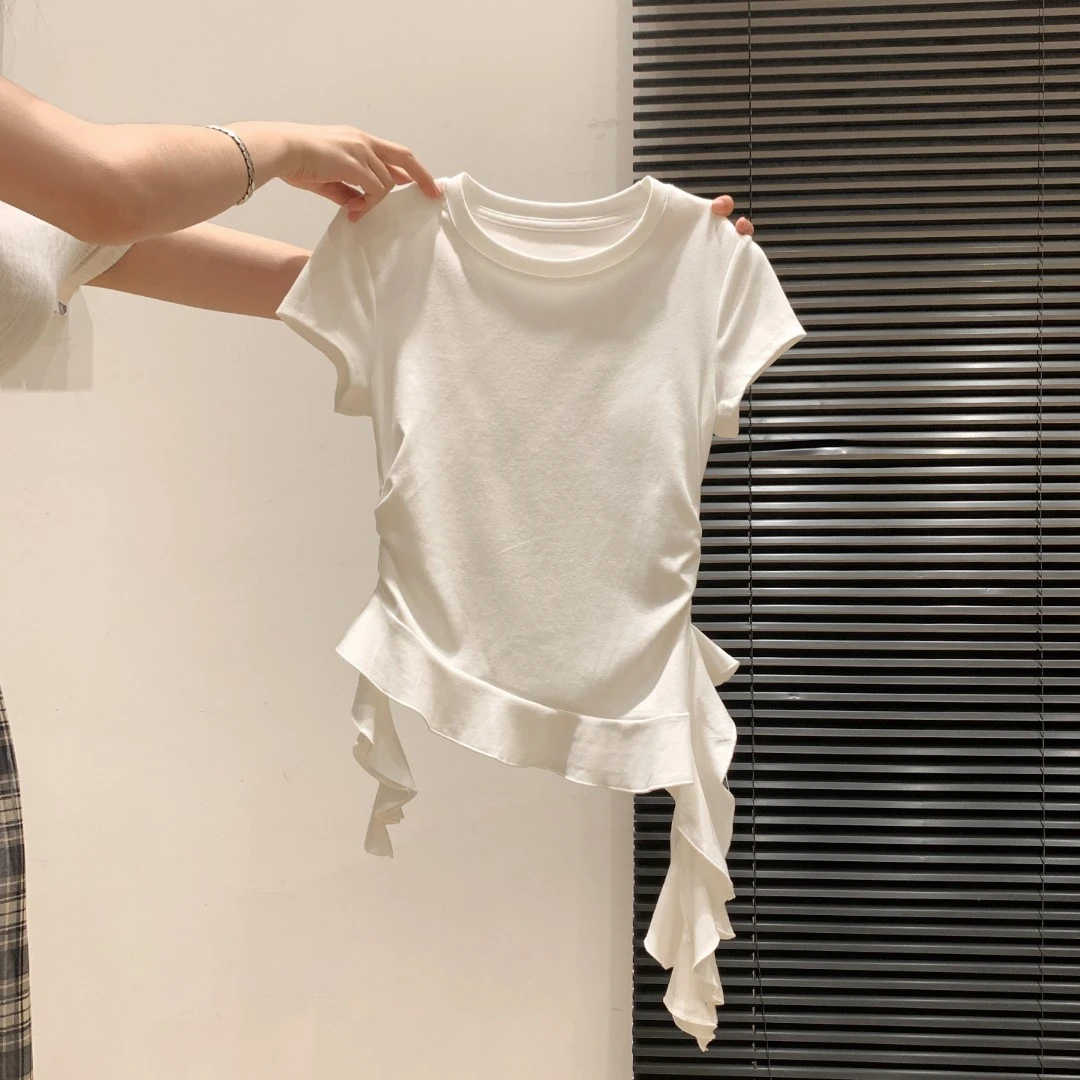 白色圆领正肩短袖T恤女下摆荷叶边收腰显瘦上衣夏新款不规则