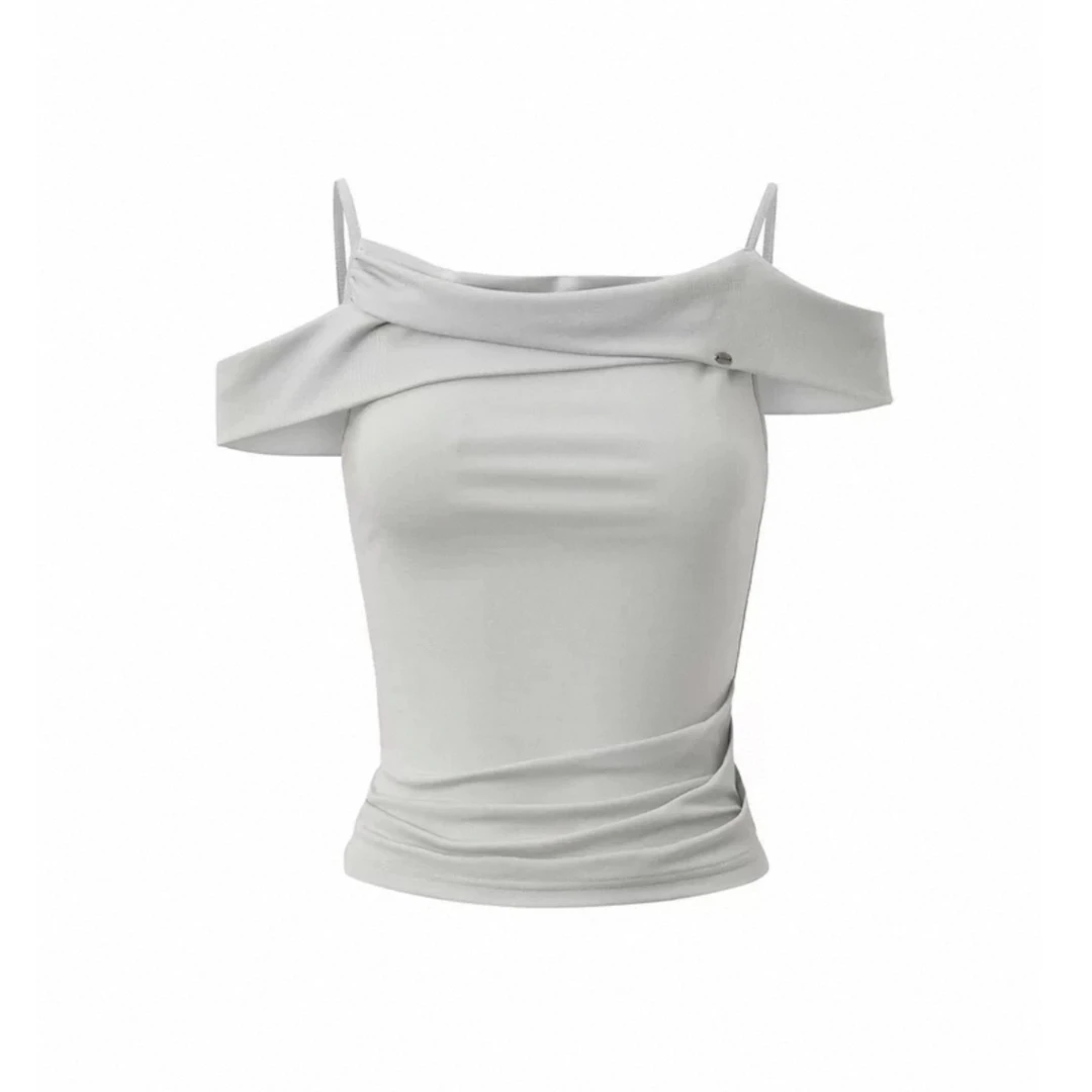一字肩弹力捏褶吊带上衣 新品弹力垂领修身款 Senseaweek