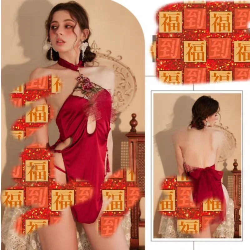 古风红色挂脖镂空旗袍小睡裙