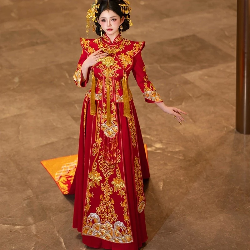 立体刺绣龙凤褂婚服女2025新娘结婚拖尾秀禾服中式出门嫁衣敬酒服