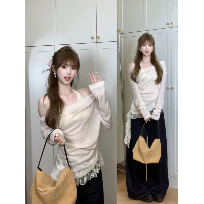 辣妹荡领长袖针织衫女内搭挂脖小心机背心秋季高腰宽松直筒牛仔裤