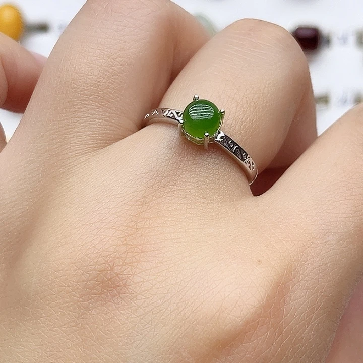 和田玉戒指银S925镶嵌天然