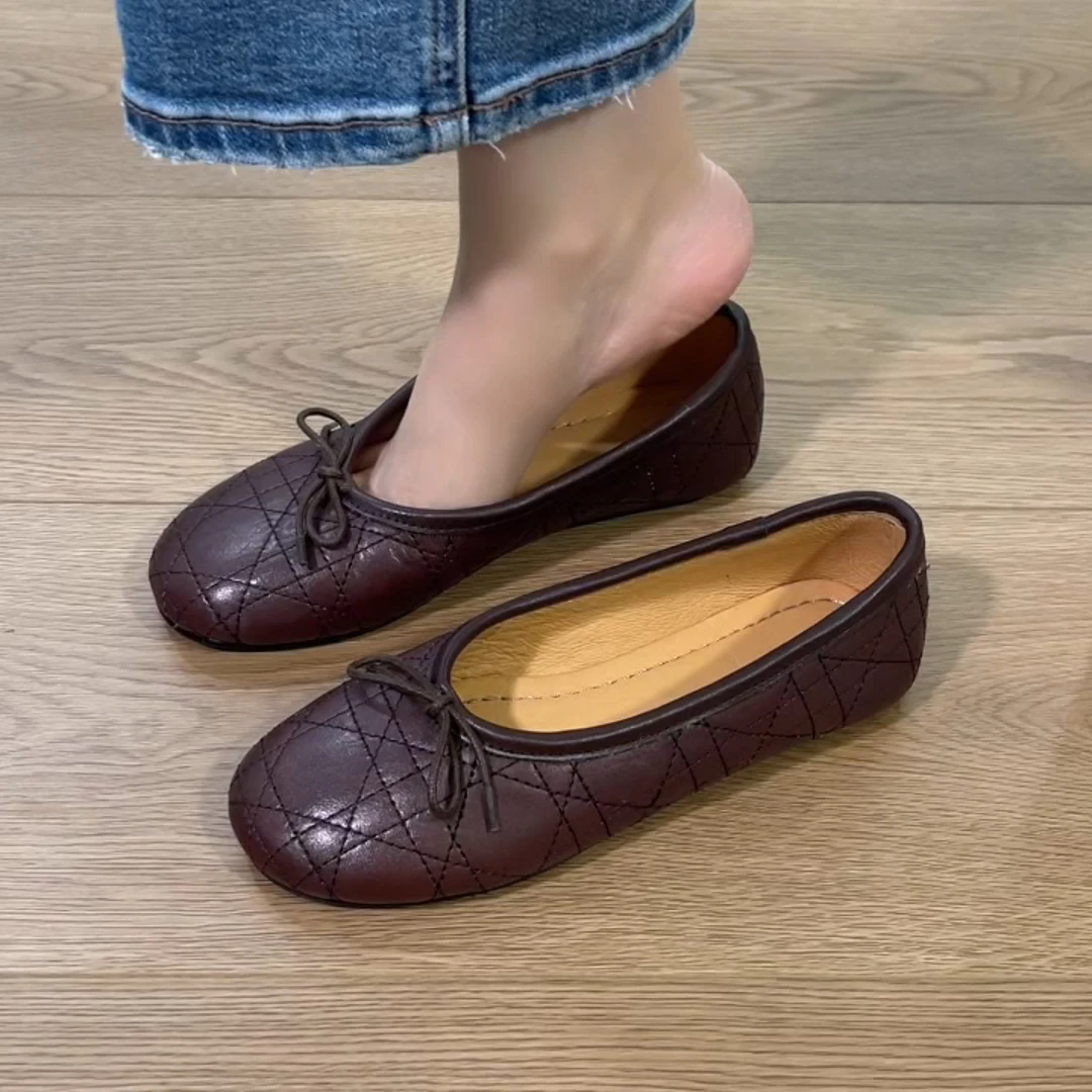 小单鞋2025新款里外全皮柔软舒适日常复古浅口圆头软底蝴蝶结单鞋