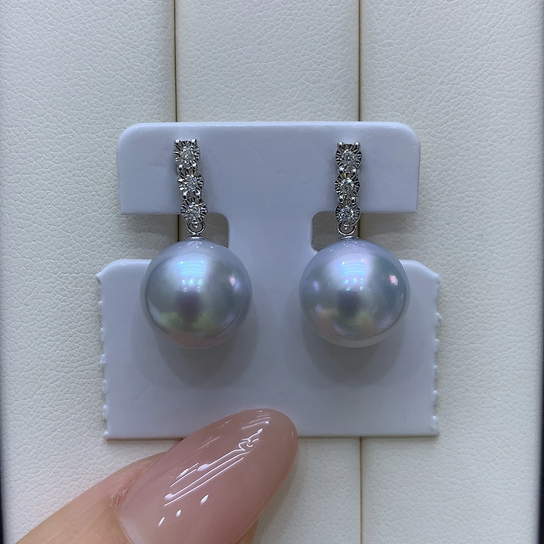 耳饰18K金镶嵌海水珍珠12-13mm澳白