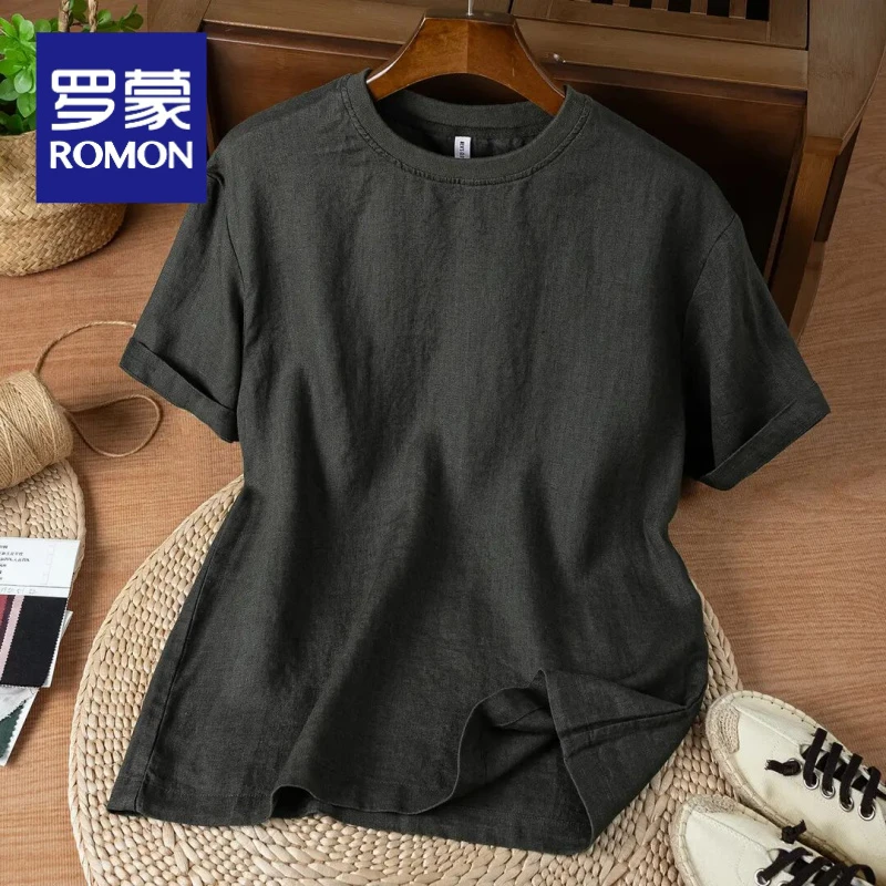 罗蒙2025年夏季新款含亚麻T恤男短袖圆领休闲薄款男装上衣