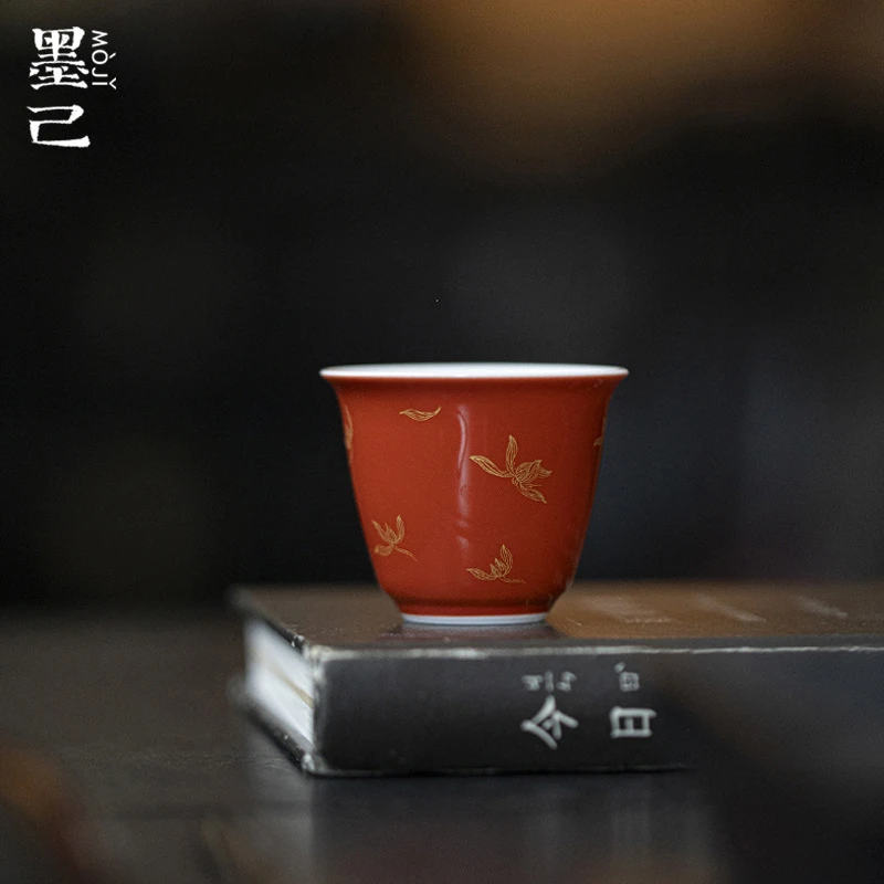 墨己郎红烫金品茗杯功夫茶具家用秋水兰花陶瓷茶杯国风喝茶小杯子