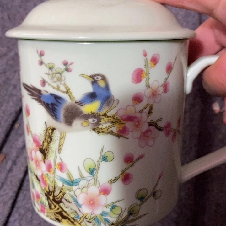 摆件陶瓷绿稀土喜上眉梢直筒办公杯