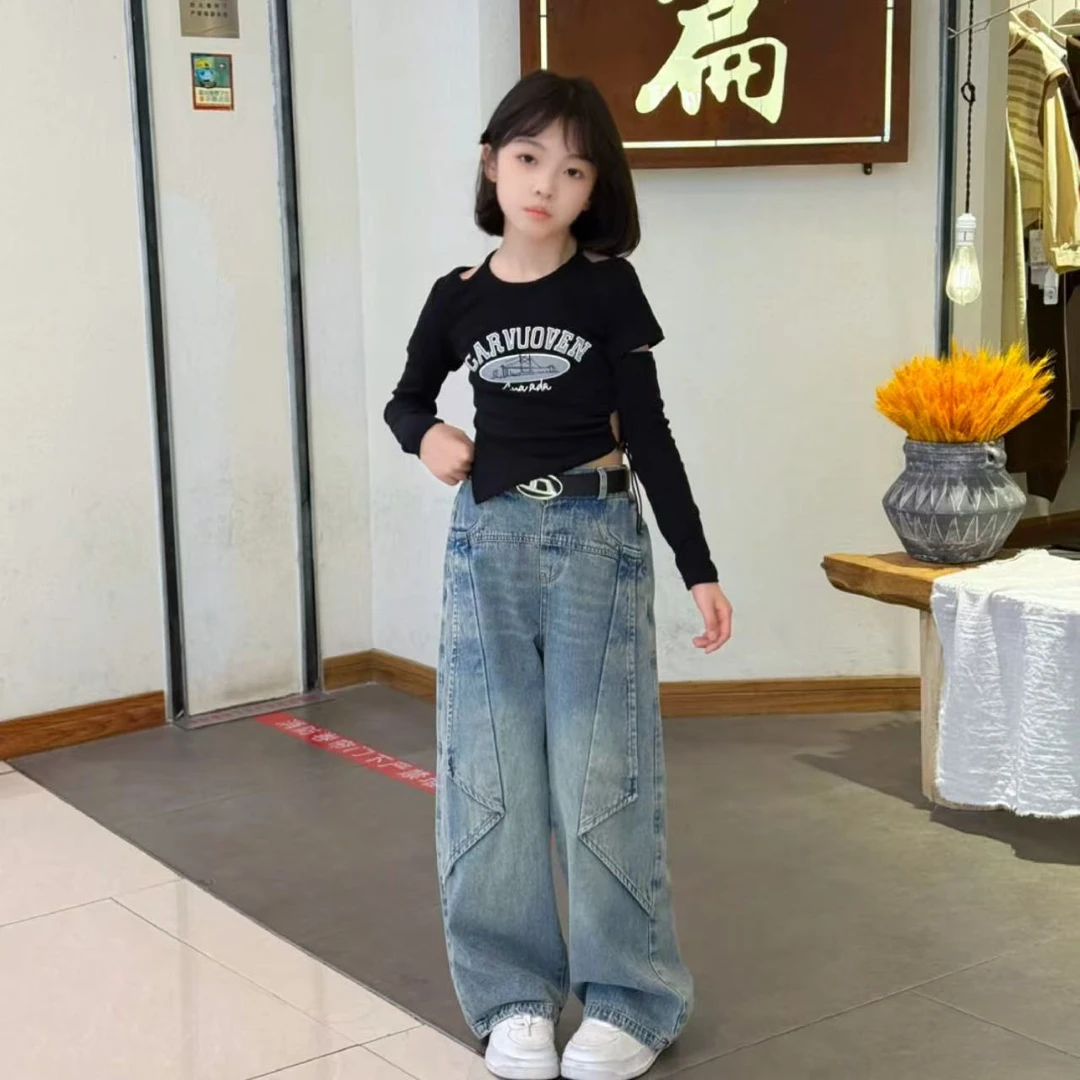 女童春装2025新款洋气时髦短款露肩长袖T恤上衣儿童牛仔裤两件套