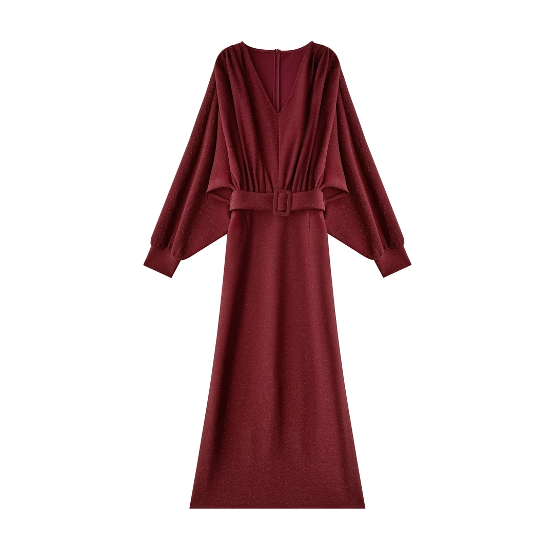 「优雅华尔兹」时尚慵懒松弛感收腰优雅复古v领连衣裙TX05QZ5425