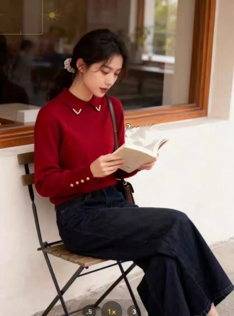 257番外冬季新款钉珠翻领内搭打底独特漂亮超好看针织衫女