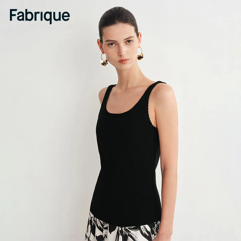 Fabrique Dries 春夏新款经典黑天丝桑蚕丝U领织带百搭针织背心