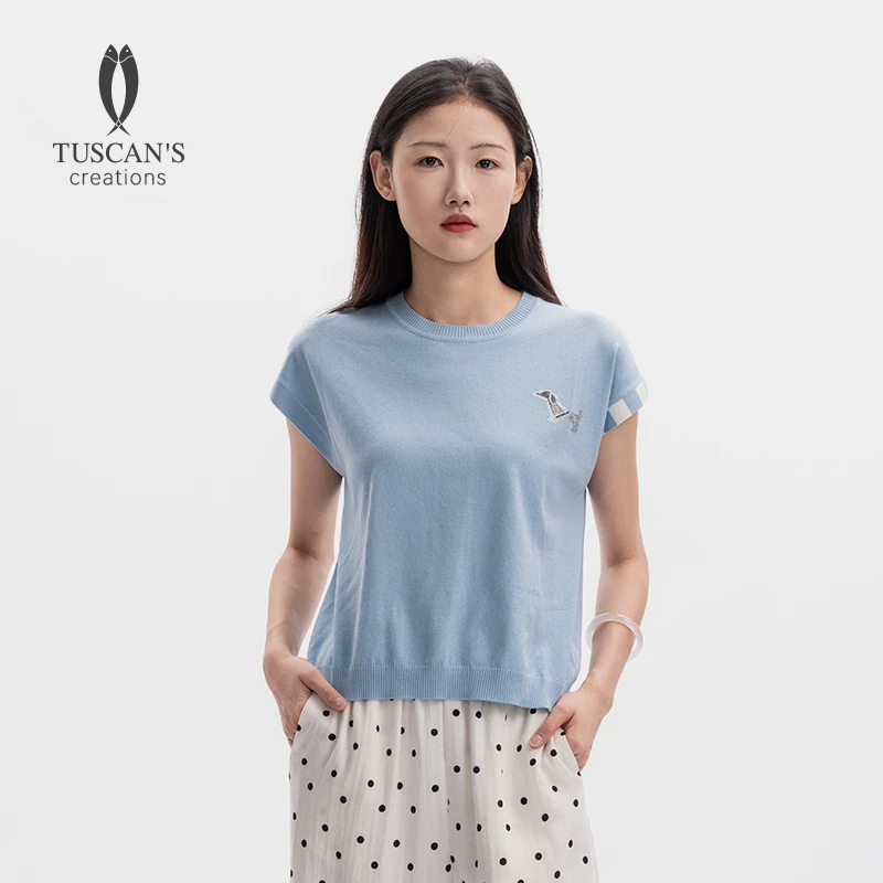 TUSCAN'S CREATIONS刺绣圆领毛针织衫夏季纯色短袖针织衫女上衣