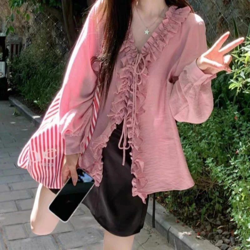 夏季衬衫荷叶边百搭不规则系带木耳边衬衣长袖静奢风