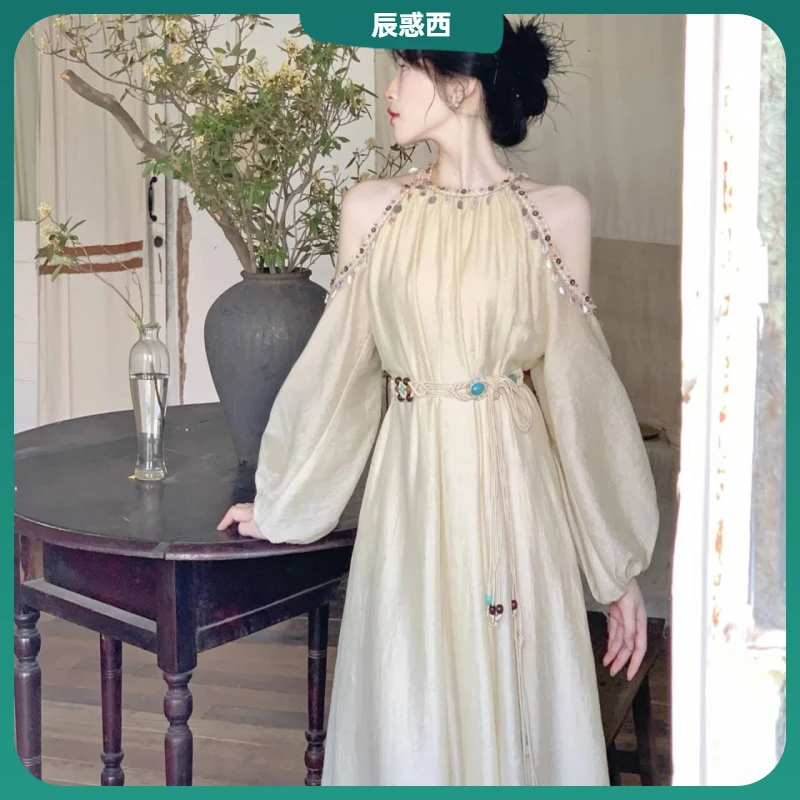 1早秋新款韩版波西米亚度假风时尚收腰显瘦长袖露肩连衣裙长裙女I