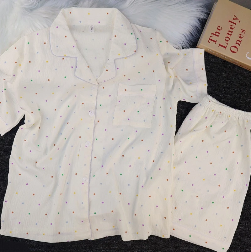 2025年夏季短袖睡衣开衫可爱格子小狗家居服套装女甜美印花舒适