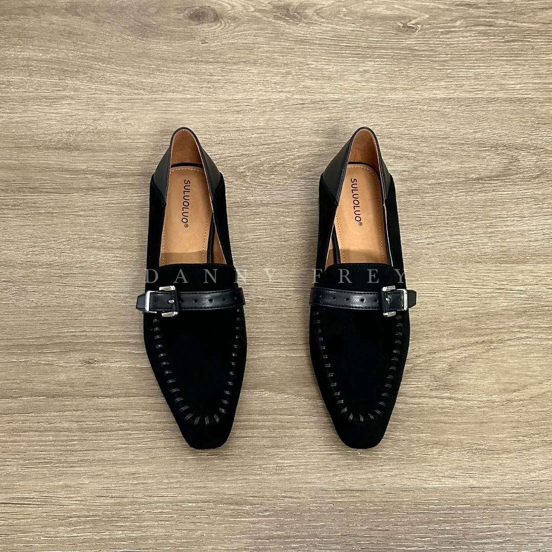 Dannyfrey老钱风反绒皮带扣女一脚蹬羊皮秋冬通勤软底乐福鞋3.5CM