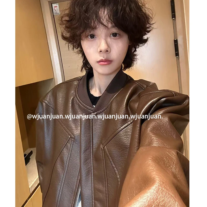 『WJUANJUAN』秋冬美式复古裂纹皮夹克外套男女中性短款机车皮衣