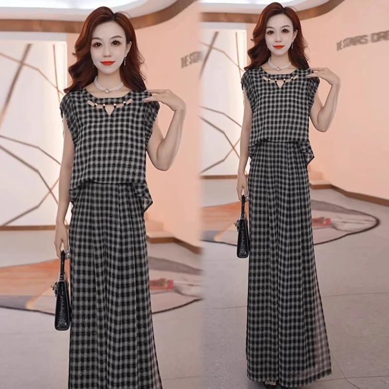 时尚格子套装女2025夏季新款减龄遮肚子显瘦上衣阔腿裤气质两件套