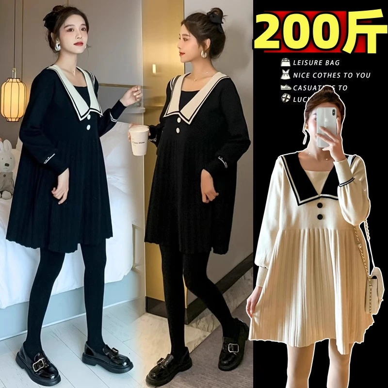 加大码孕妇海军领毛衣秋冬装学院风针织连衣裙减龄遮肚上衣200斤