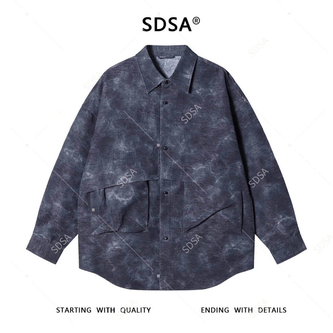 SDSA男士秋冬新款痞帅男装韩式扎染口袋翻领长袖衬衫百搭宽松衬衣