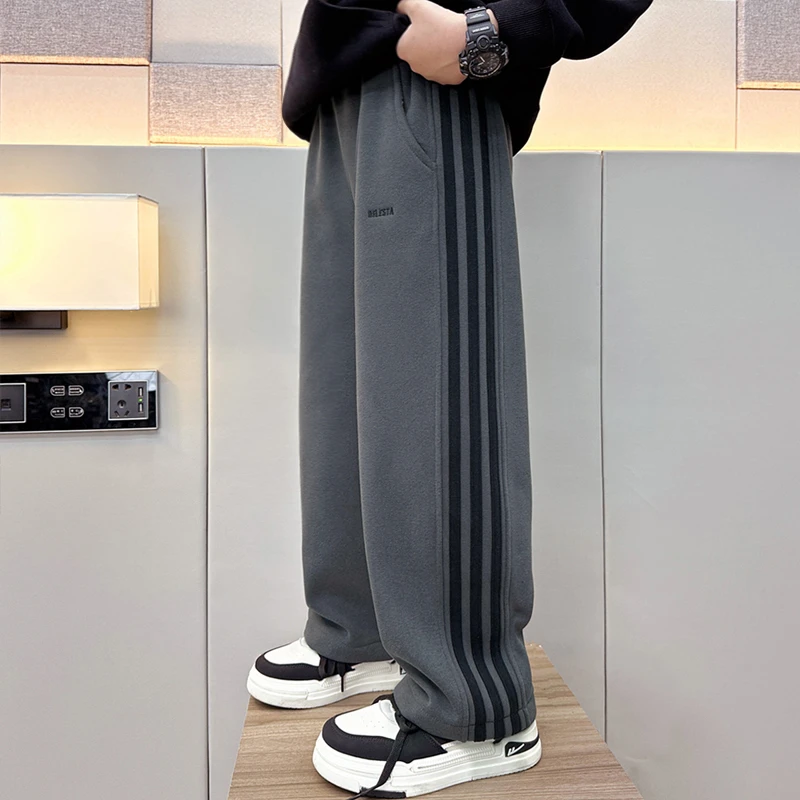 男童秋冬拉条裤子加绒2025中大童长裤宽松儿童直筒宽松卫裤秋冬潮