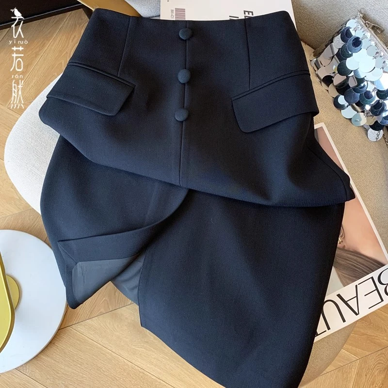 黑色轻奢气质半身裙女2025春夏流行西装裙高腰开叉包臀中长直筒裙