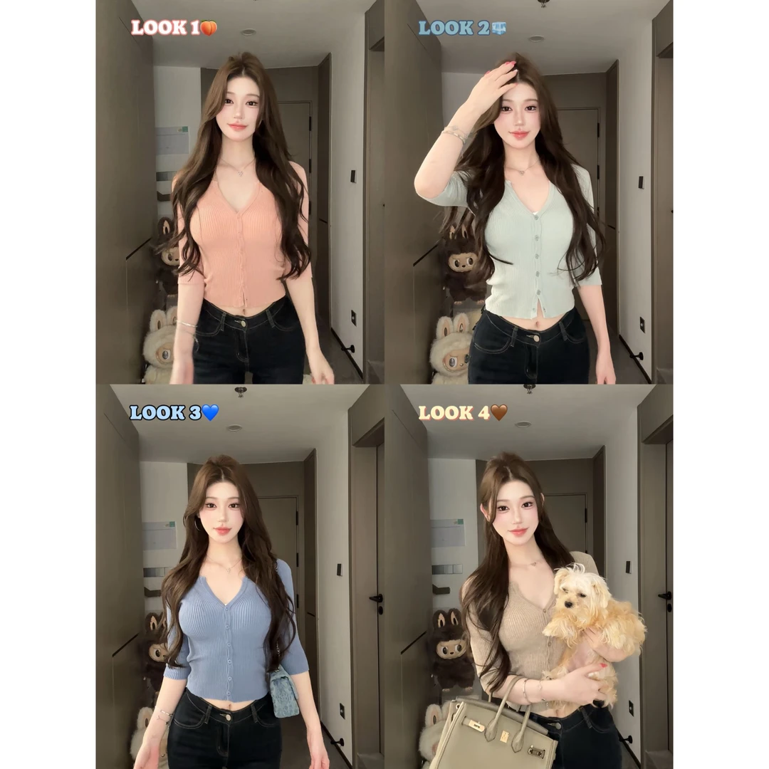 希野逸儿/穿搭百搭纽扣V领修身显瘦性感女人味显身材五分袖开衫女