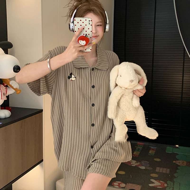 新款条纹米奇卡通睡衣女夏季可爱卡通家居服开衫短袖短裤两件套装
