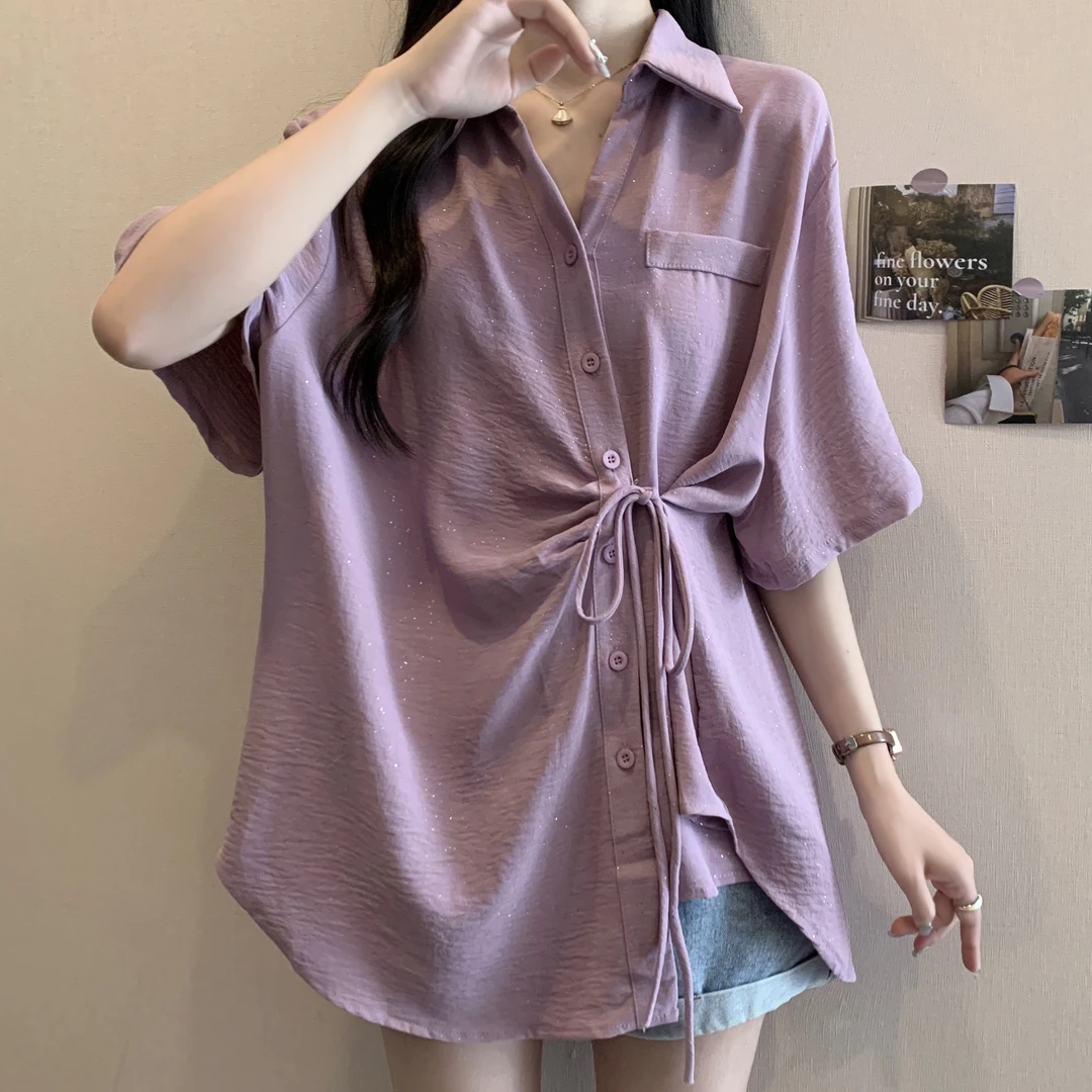 正肩不规则POLO领短袖衬衫女夏季微胖妹妹宽松显瘦遮肚子别致上衣