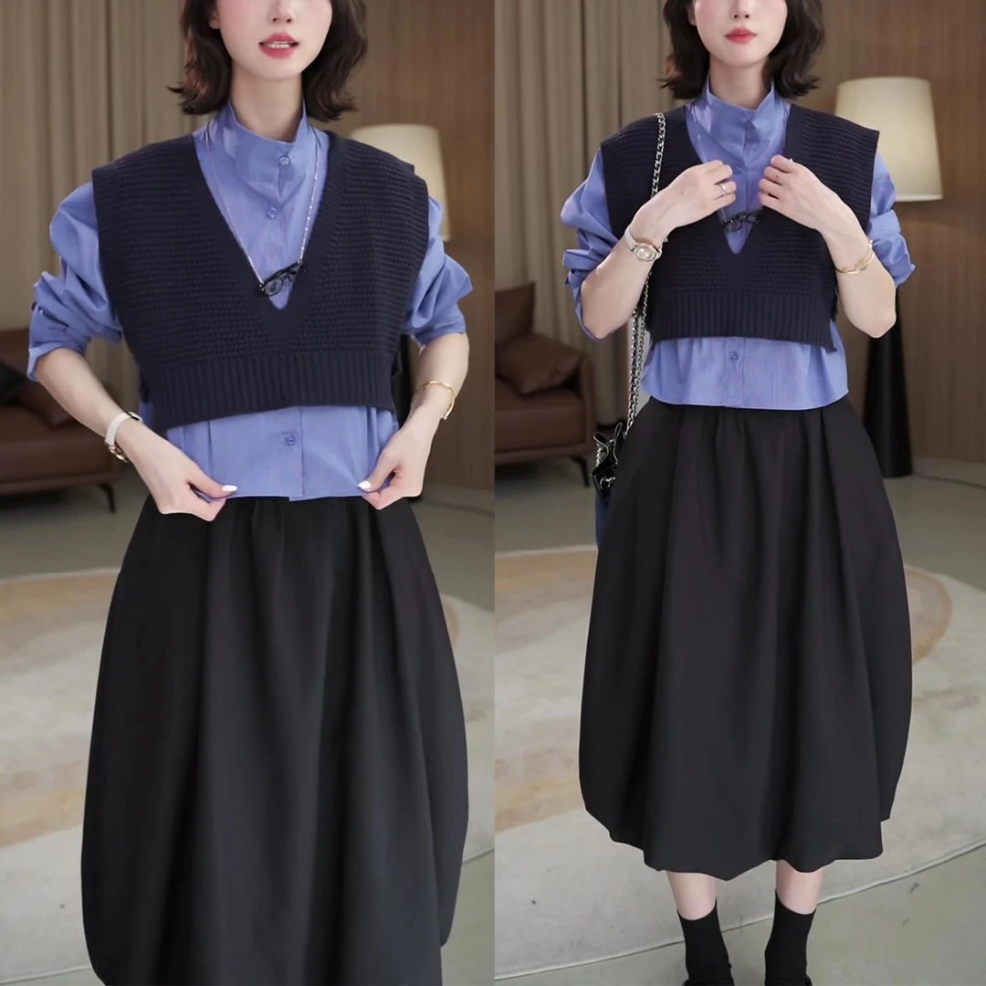 2025针织马夹格子衬衫半身裙三件套秋季新款日常减龄通勤大码套装