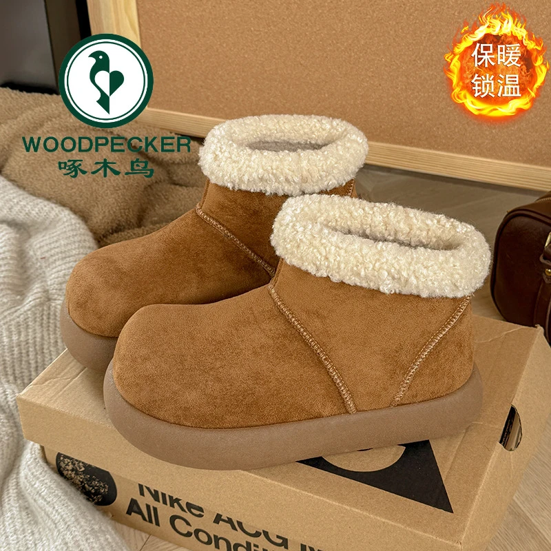啄木鸟卷毛靴雪地靴女冬季2025新款加厚短筒厚底一体毛保暖棉靴潮