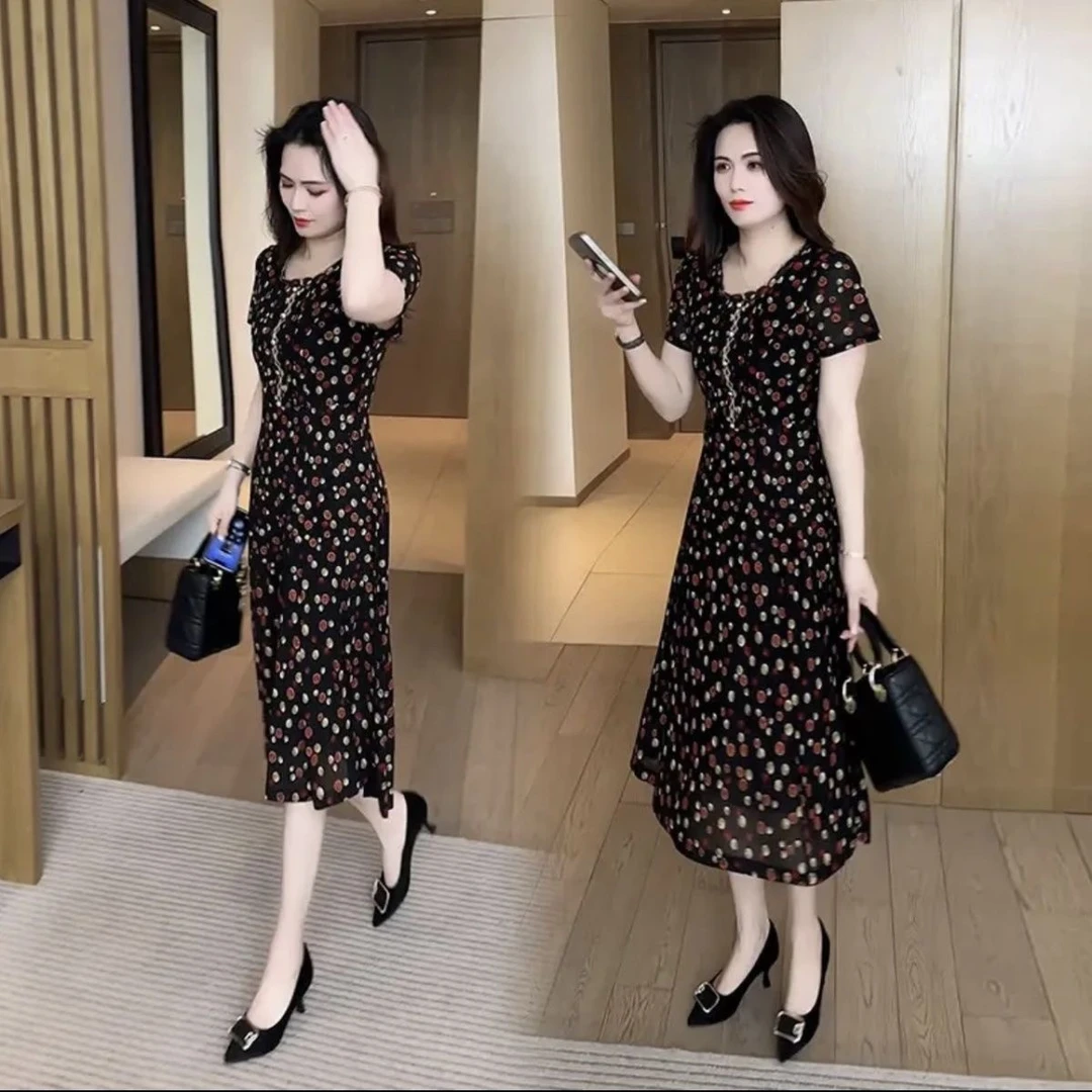 碎花气质时尚妈妈连衣裙2025夏季新款洋气韩版显瘦短袖长裙裙子女