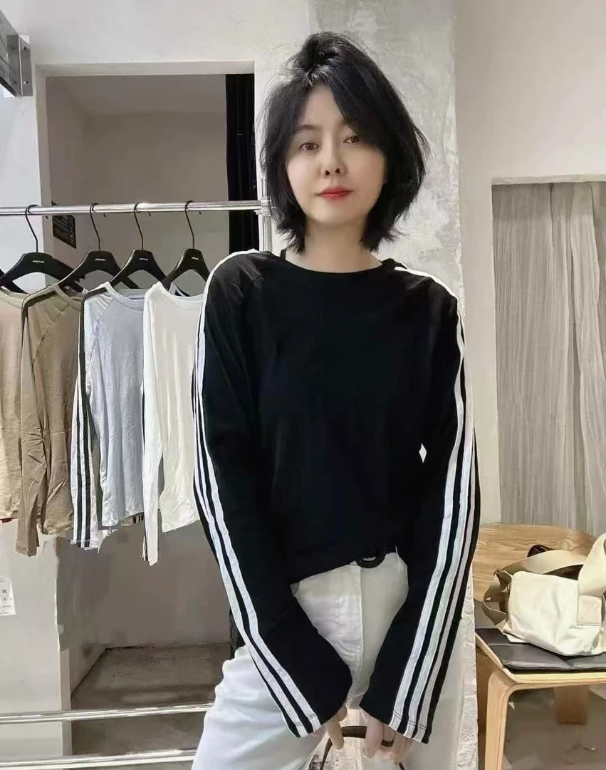 三姐夏季冰爽冰麻扒条圆领上衣