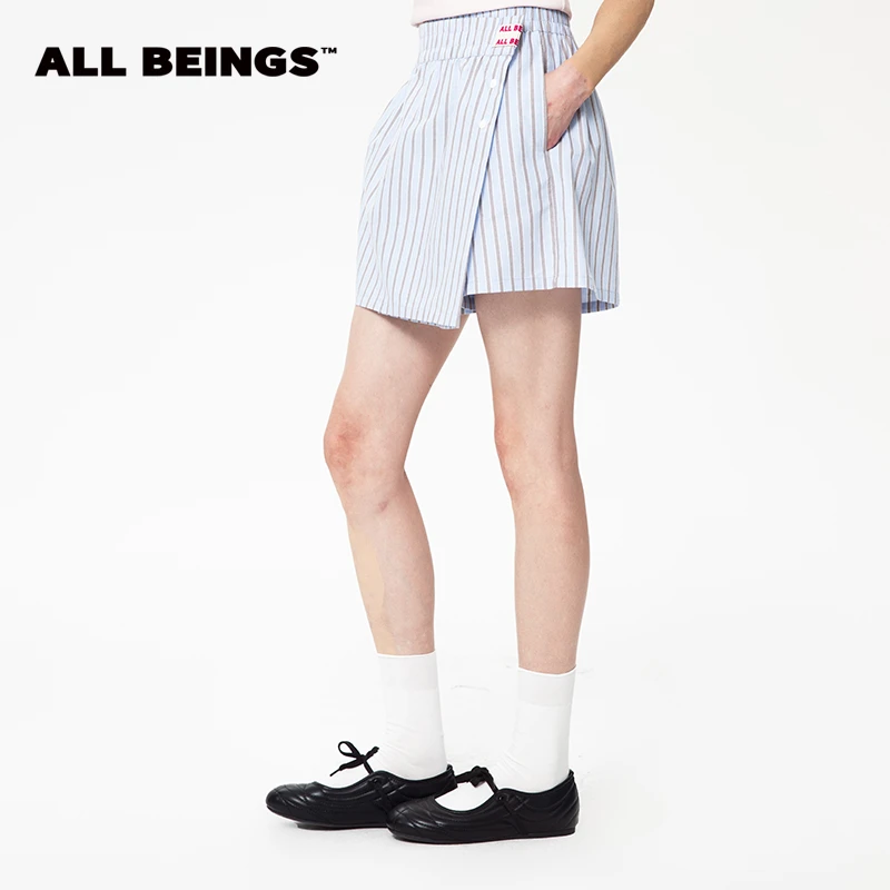 ALL BEINGS25年春夏设计师新款蓝灰条纹斜门襟设计感解构裙裤