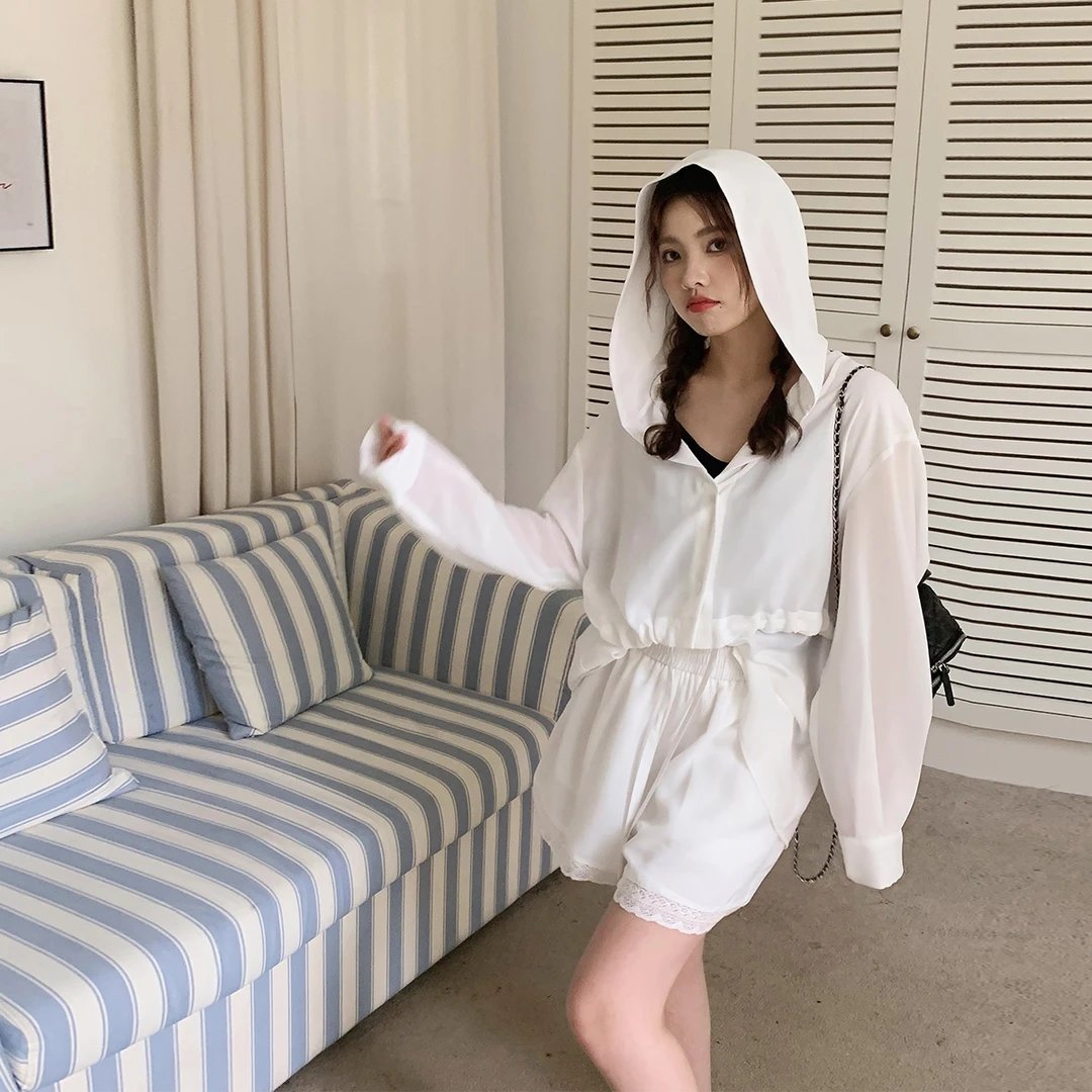 晶咕白标~假两件连帽防晒衬衫+短裤女夏季oversize舒适款衬衫短裤