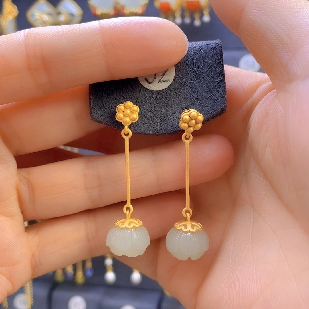 和田玉耳饰银S925镀金镶嵌