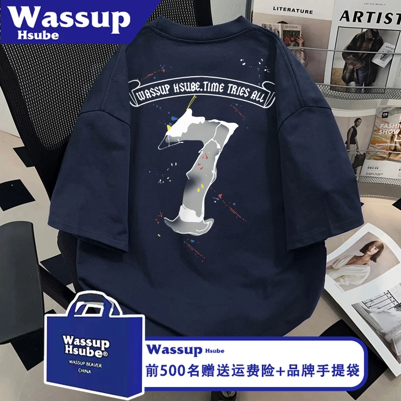 WASSUP HSUBE美式纯棉T恤ins藏青百搭款短袖夏季数字印花男女上衣