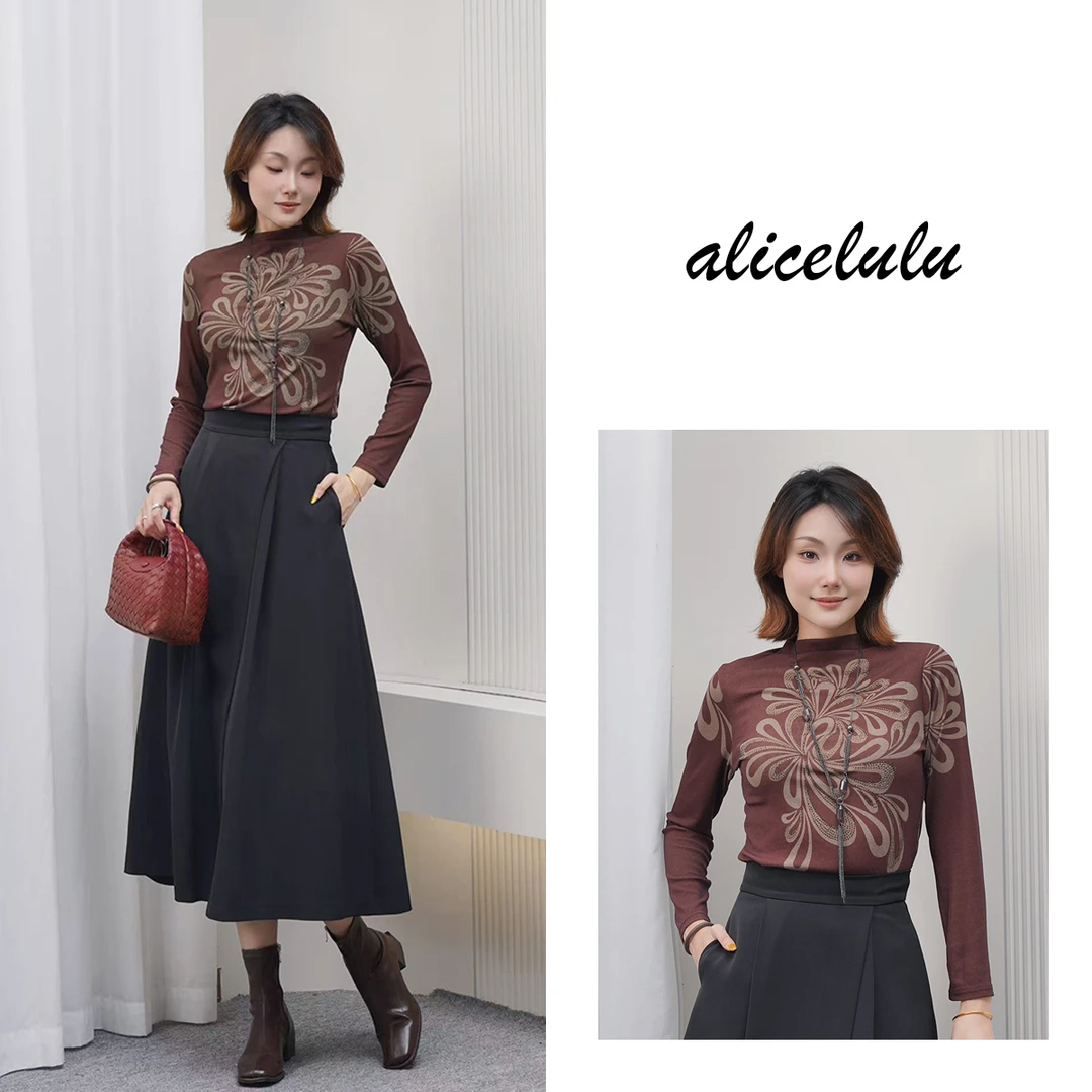 [alicelulu]半高领烫钻印花打底衫洋气修身显瘦上衣S2144921T
