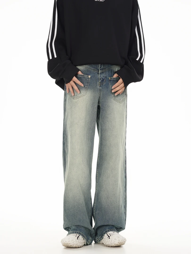 FOYGOB美式复古水洗做旧宽松牛仔裤男女高街直筒休闲长裤子B0004