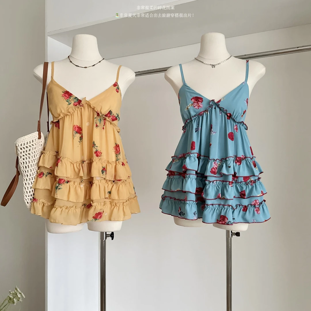 韩系夏季新款度假风设计感荷叶边碎花无袖吊带背心裙女美背上衣